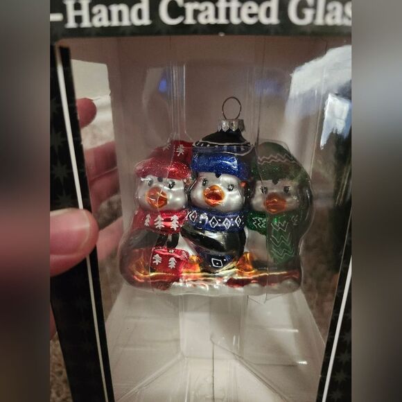 Christopher Radko Celebrations Three Winter Penguins Sled Blown Glass Ornament - Picture 3 of 8